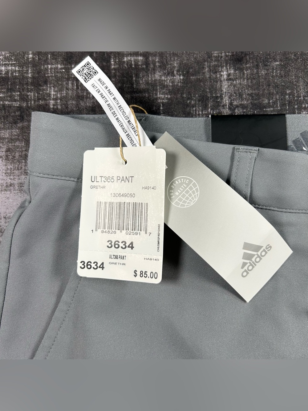 $85 NWT Adidas Golf Pants Mens 36(38x33) Gray Ultimate 365 Regular Fit 5 Pocket